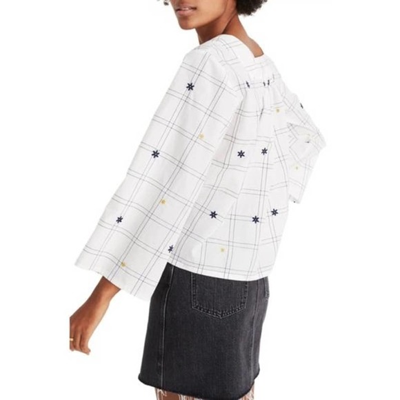 MADEWELL Windowpane Embroidered Boho Square Neck Button Down Blouse SMALL - Picture 5 of 9